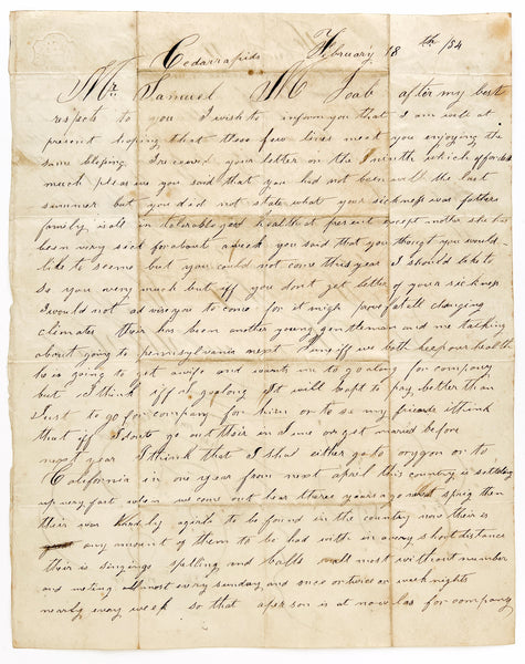 1854 letter from an average guy, reporting on the girls in Cedar Rapids and promises of gold in California