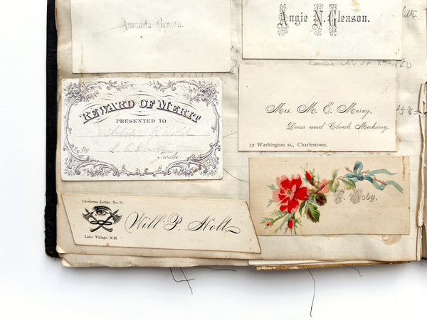 An excellent collection of trade & calling cards from Mass., Vermont, & New Hampshire, ca. 1880s-1890; plus rewards of merit ca. 1870s+