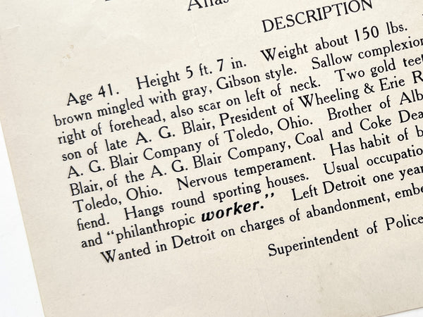 $100.00 Reward. Mrs. F. J. Blair will pay one hundred dollars ($100) reward for apprehension of Frederick James Blair, Alias Charles Gordon Murray...
