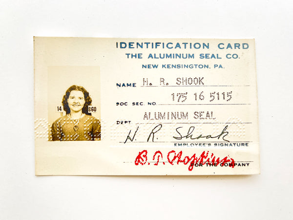 Employee Badge and Photo Identification Card with Fingerprints for Woman Employee at Aluminum Seal Company, New Kensington (Pittsburgh), 1945