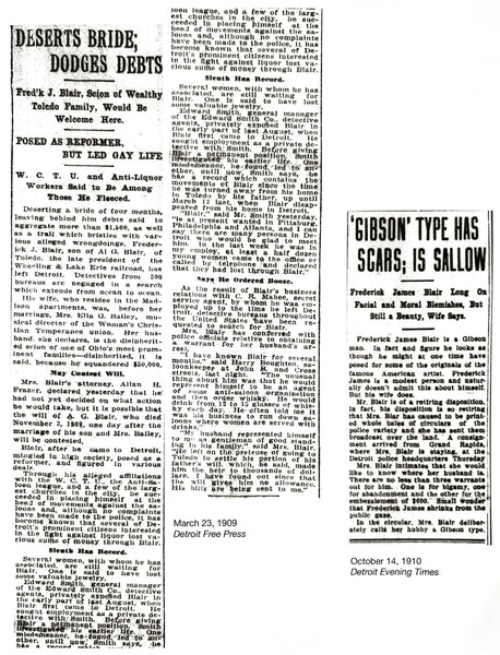 $100.00 Reward. Mrs. F. J. Blair will pay one hundred dollars ($100) reward for apprehension of Frederick James Blair, Alias Charles Gordon Murray...