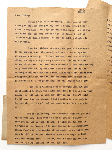 1915 Letter from Harry A. Mount, rising newspaper man, on the roller skating craze and sinking of the Lusitania