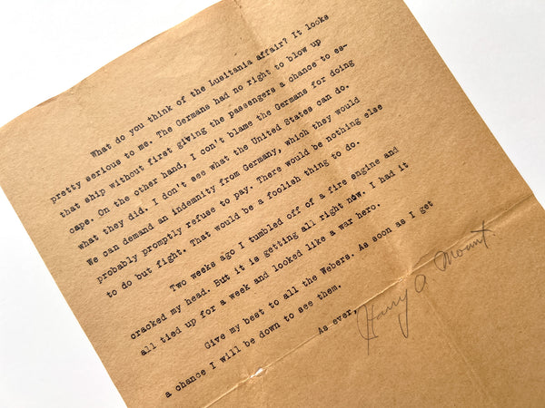1915 Letter from Harry A. Mount, rising newspaper man, on the roller skating craze and sinking of the Lusitania