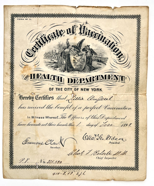 Certificate of Vaccination (New York, 1892)