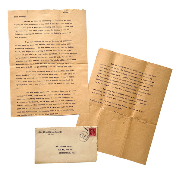 1915 Letter from Harry A. Mount, rising newspaper man, on the roller skating craze and sinking of the Lusitania