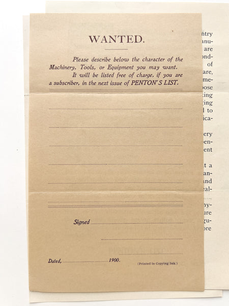 Prospectus &c. for "Penton's List" second-hand tool exchange