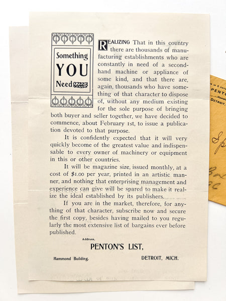 Prospectus &c. for "Penton's List" second-hand tool exchange