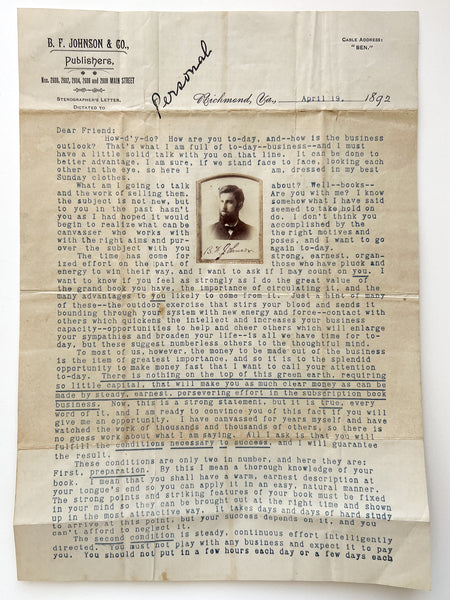 B. F. Johnson real photo illustrated circular to agents