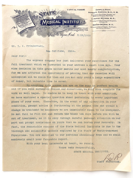 1902 State Medical Institute of Fort Wayne circular and intimate questionnaire
