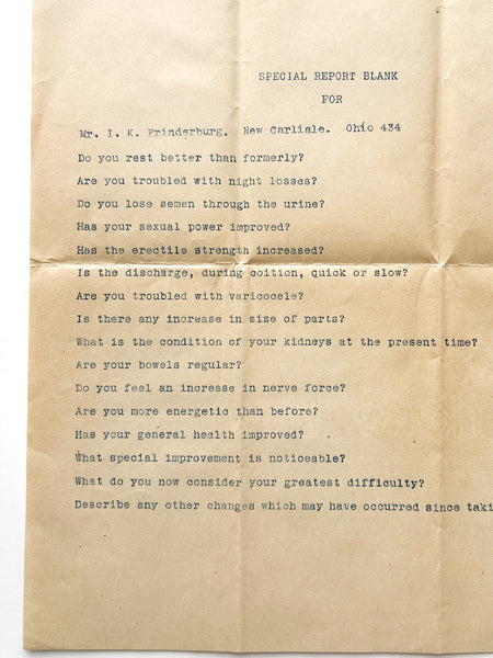 1902 State Medical Institute of Fort Wayne circular and intimate questionnaire