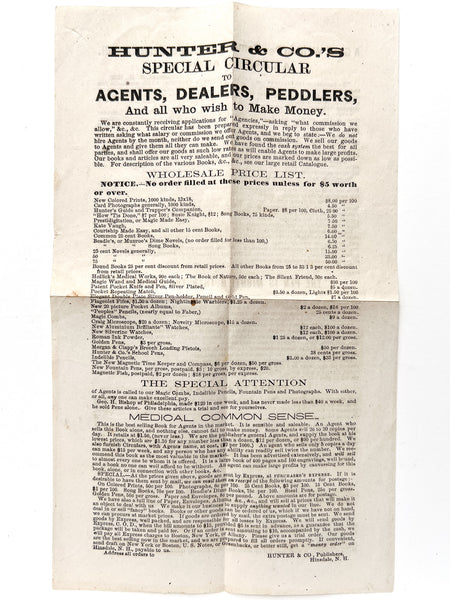 Hunter & Co.'s Special Circular to Agents, Dealers, Peddlers, And all who wish to Make Money