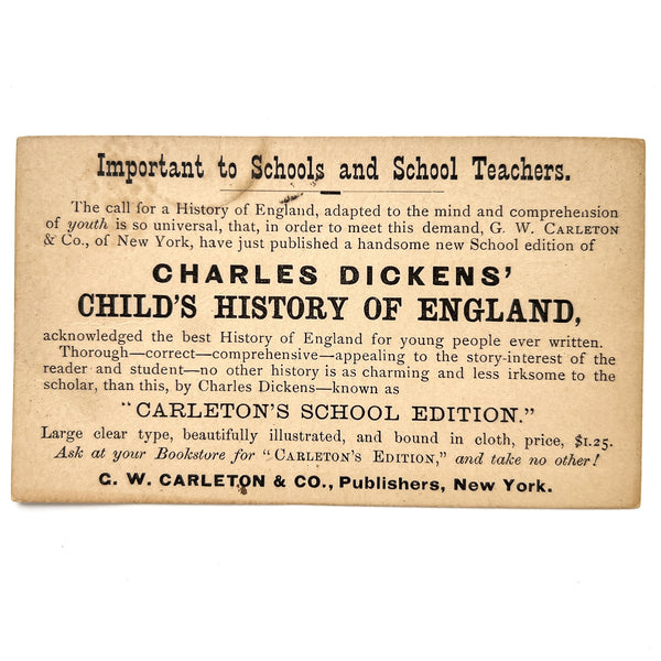 Publisher's postcard promoting their "School Edition" of Charles Dickens' Child's History of England