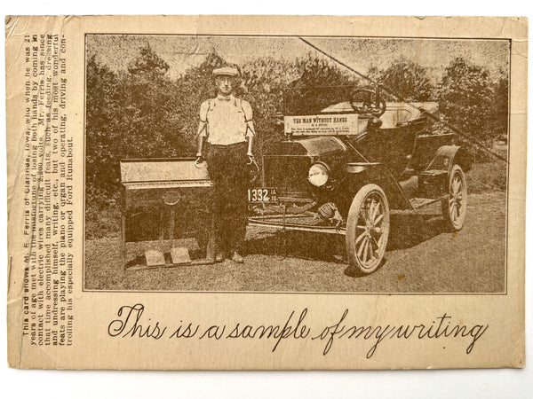 "This is a sample of my writing" postcard of M. E. Ferris of Clarinda, Iowa.