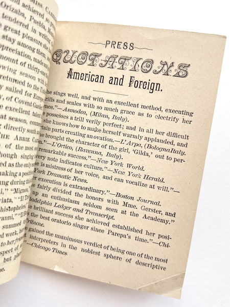 Greeting. 1885. 1886. (cover title) Booklet promoting "The charming young American Prima Donna, Abbie Carrington"