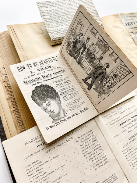 Gilded Age scrapbook of Brooklyn & NYC theater bills and ephemera, ca. 1873-1881, including rare Edwin Booth and Wallack’s Theatre publications (plus Gilbert & Sullivan, Sarah Bernhardt, and Brooklyn Theatre before it burned)