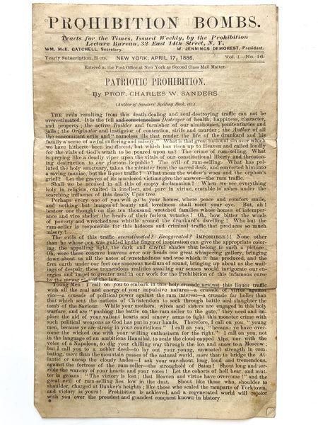 Prohibition Bombs. Vol. I, No. 16. April 17, 1886. "Patriotic Prohibition."
