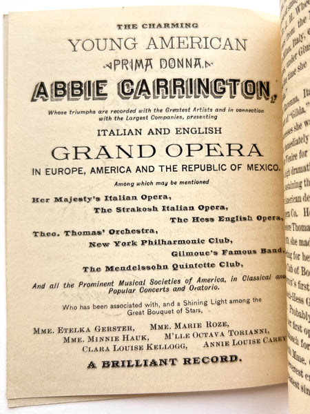 Greeting. 1885. 1886. (cover title) Booklet promoting "The charming young American Prima Donna, Abbie Carrington"
