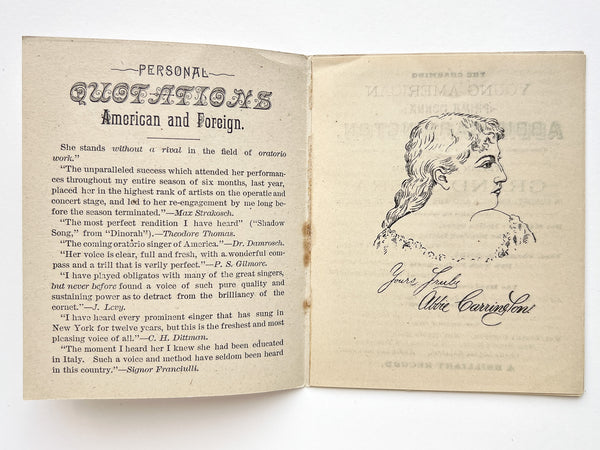 Greeting. 1885. 1886. (cover title) Booklet promoting "The charming young American Prima Donna, Abbie Carrington"