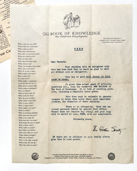 Grolier Society direct mail advertising for 'The Book of Knowledge'
