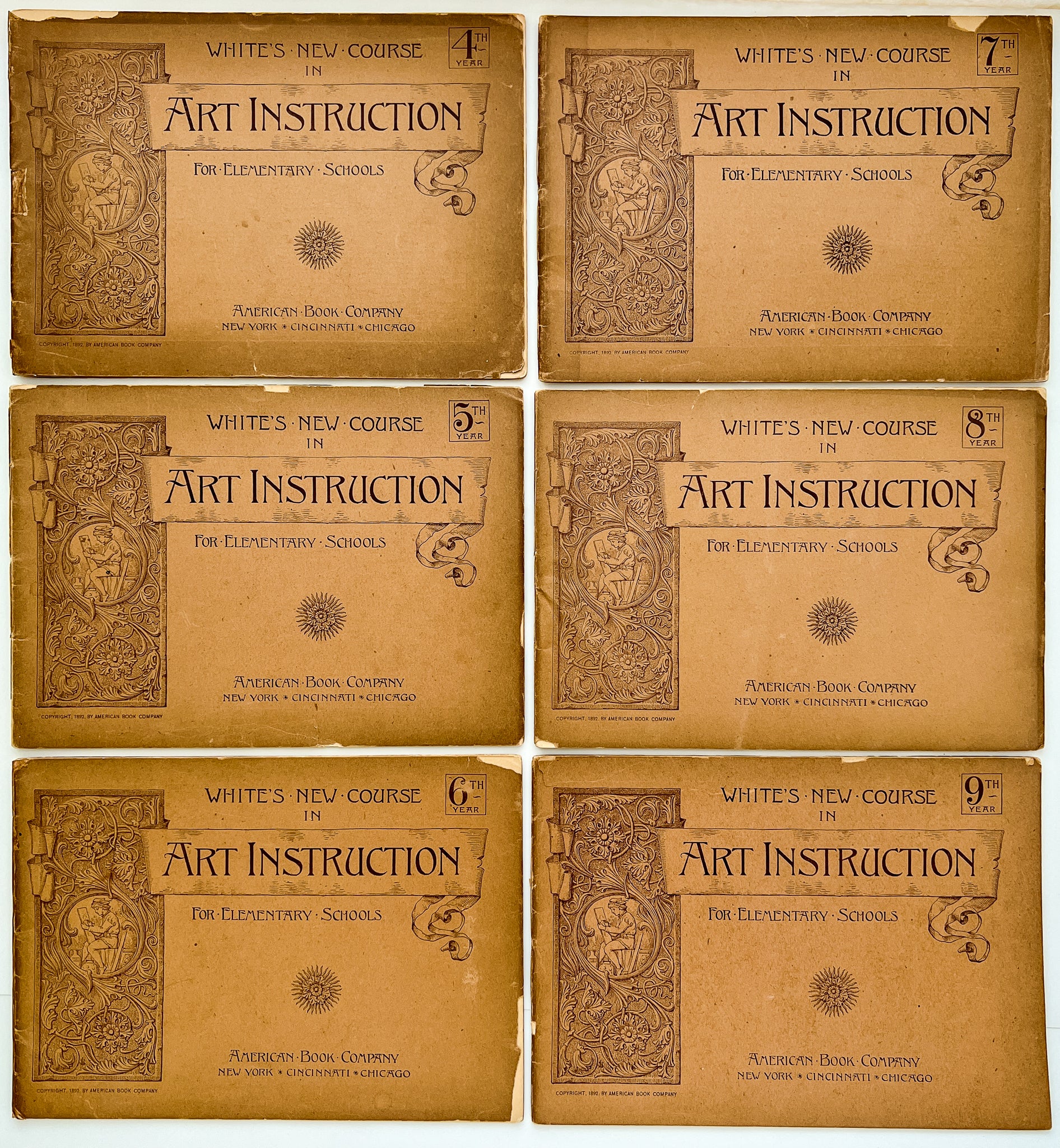 White's New Course in Art Instruction for Elementary Schools drawing workbooks for Year 4, 5, 6, 7, 8, 9 (6 volumes, unused)