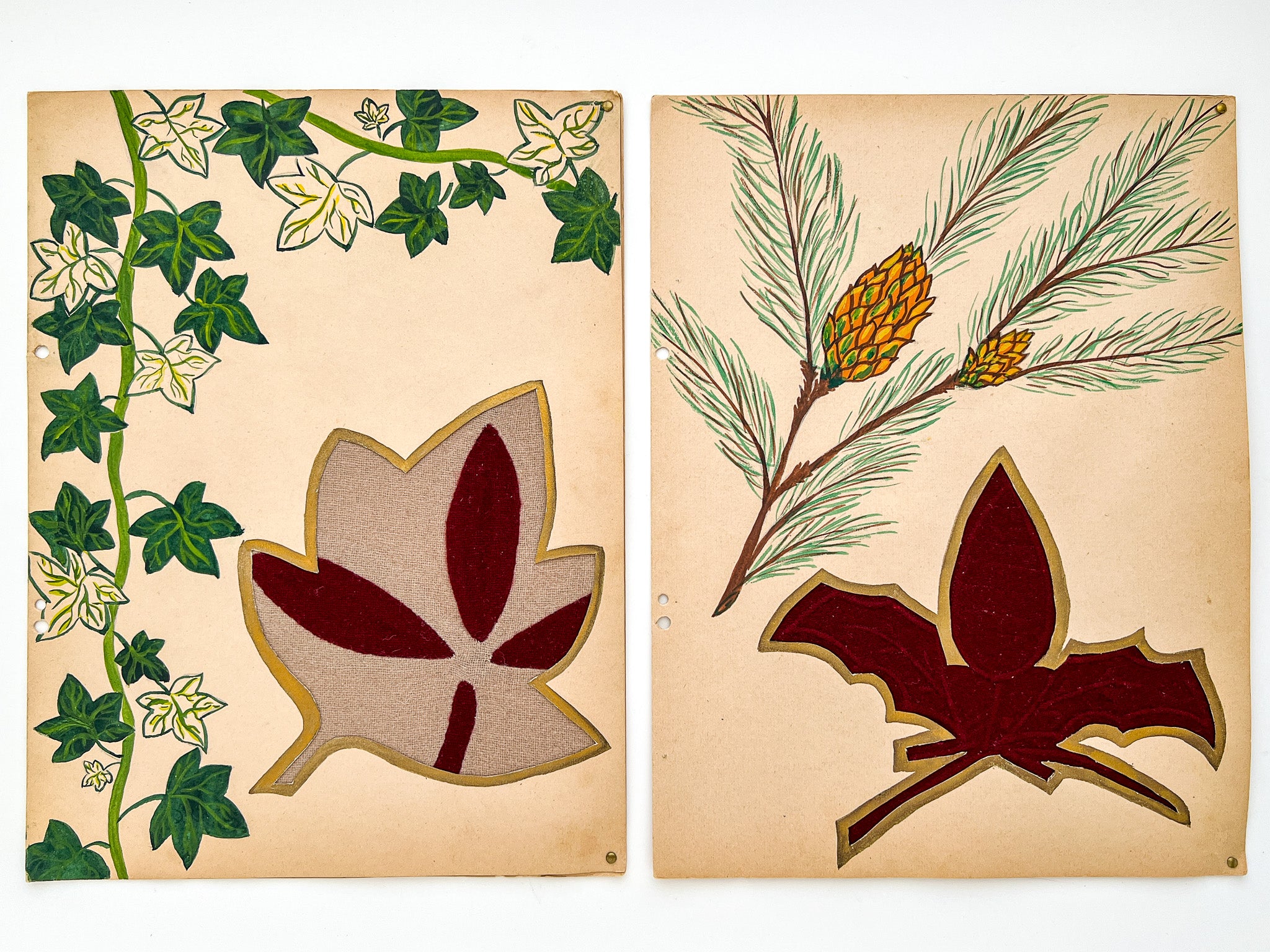 1950s French sewing skill sample panel tableaux (winter foliage, pair of 2)