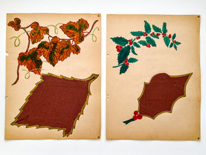 1950s French sewing skill sample panel tableaux (large leaves, pair of 2)