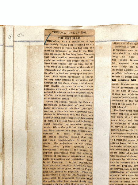 Wisconsin newspaper man's scrapbook 1895-1901, much from the inaugural issues of the Milwaukee 'Free Press'