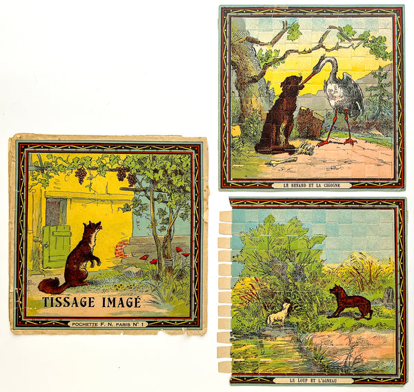 Tissage Imagé / Pictorial Weaving: Le Renard et La Cigogne & Le Loup et l'Agneau (woven chromolithogaph puzzles)