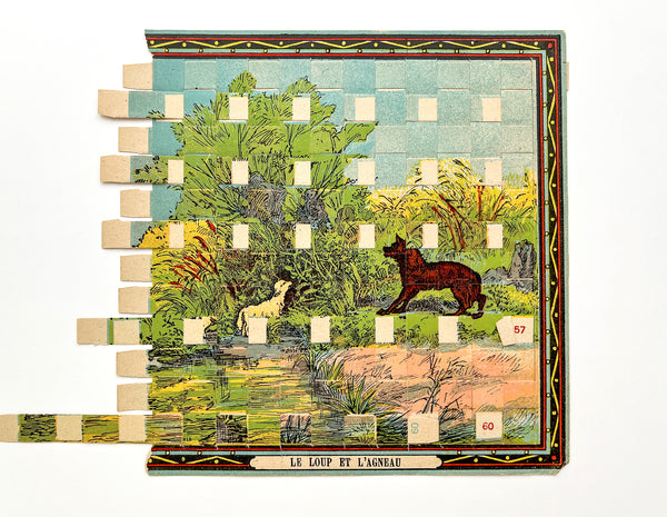 Tissage Imagé / Pictorial Weaving: Le Renard et La Cigogne & Le Loup et l'Agneau (woven chromolithogaph puzzles)