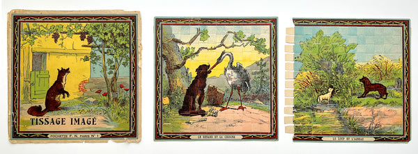Tissage Imagé / Pictorial Weaving: Le Renard et La Cigogne & Le Loup et l'Agneau (woven chromolithogaph puzzles)