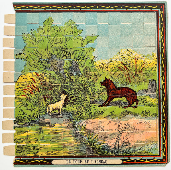 Tissage Imagé / Pictorial Weaving: Le Renard et La Cigogne & Le Loup et l'Agneau (woven chromolithogaph puzzles)