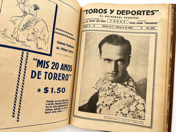 Toros y Deportes (El Universal Taurino) Bound volume of 6 issues: Tomo VII, No. 167; Tomo IX, No. 201; Tomo X,  Nos. 213, 215, 228, Tomo XI, No. 234