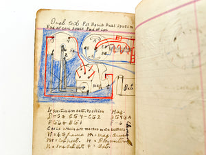 1923 Automotive Engineering notebook with naive drawings of motors, circuits