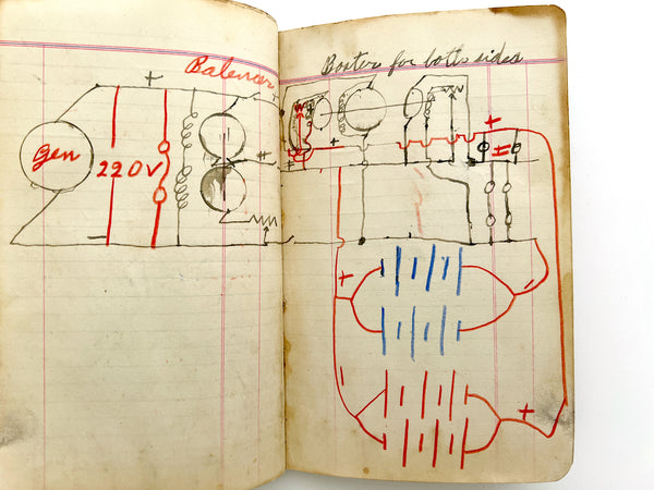 1923 Automotive Engineering notebook with naive drawings of motors, circuits