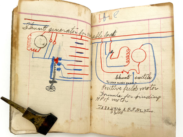 1923 Automotive Engineering notebook with naive drawings of motors, circuits