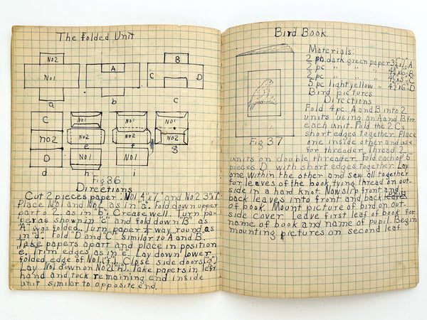 Depression-era Teacher's manuscript notebook with instructions for papercraft projects