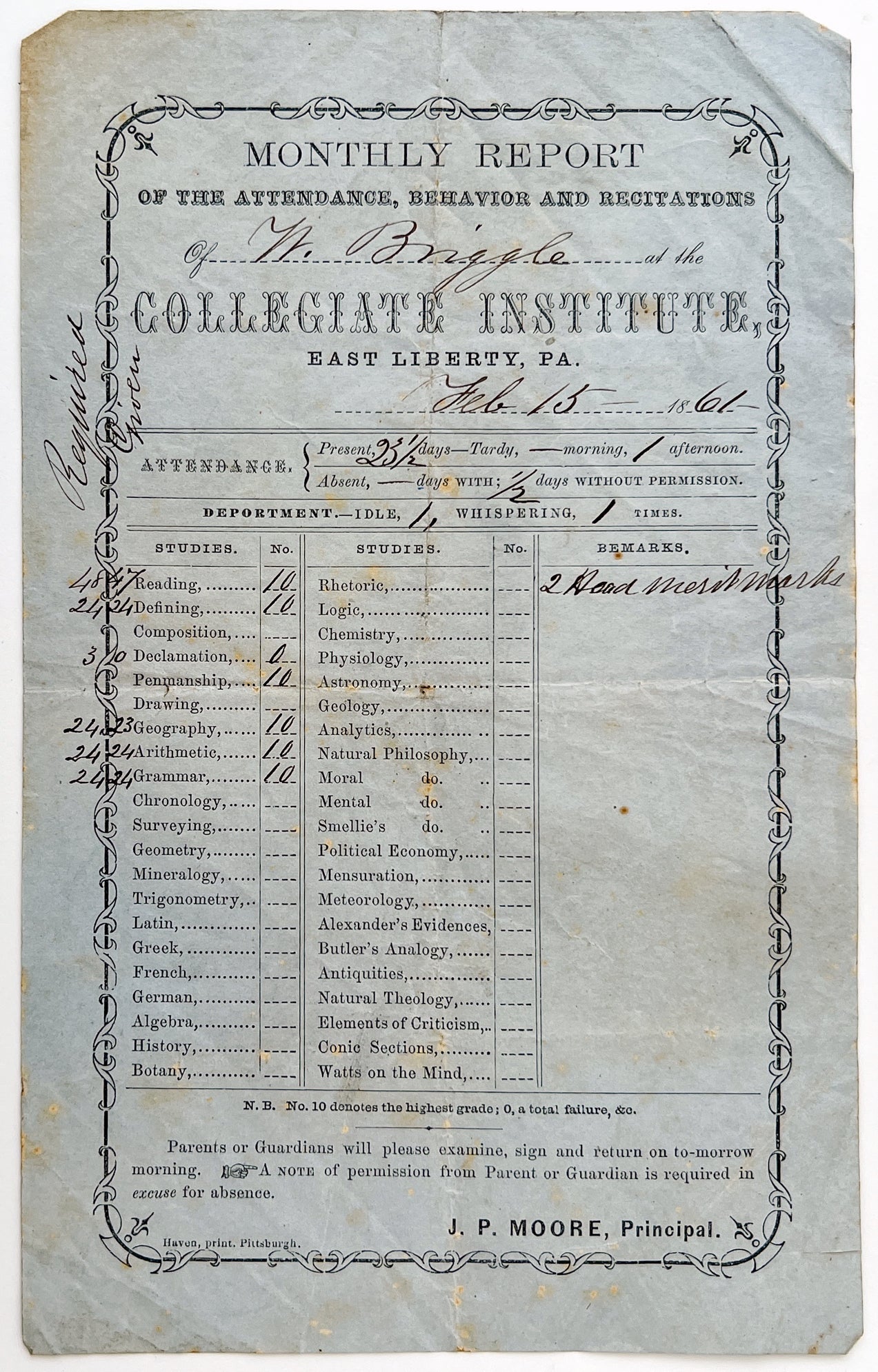 Monthly Report of the Attendance, Behavior and Recitations... Collegiate Institute, East Liberty, Pa. [1861 Pittsburgh report card]